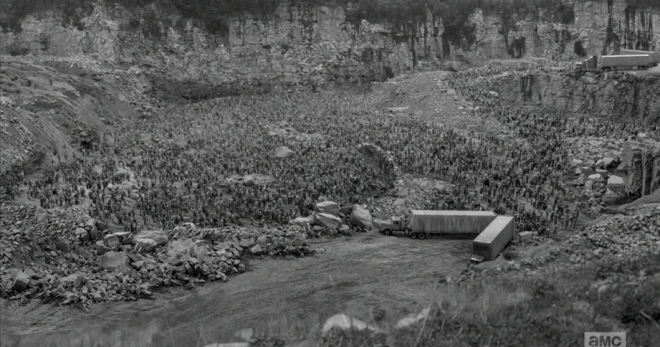 As Rick and Morgan look down at the steep quarry filled with walkers...