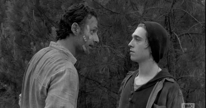 Rick tells the young man that he has no idea how to protect himself out here, and while Rick can show him how, right now, as he is, if he comes out here,